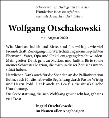 Traueranzeige von Wolfgang Otschakowski von Kieler Nachrichten