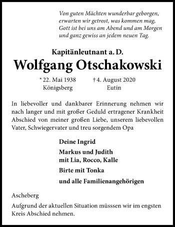 Traueranzeige von Wolfgang Otschakowski von Kieler Nachrichten