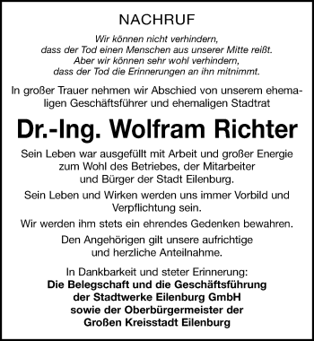 Traueranzeige von Wolfram Richter von Leipziger Volkszeitung