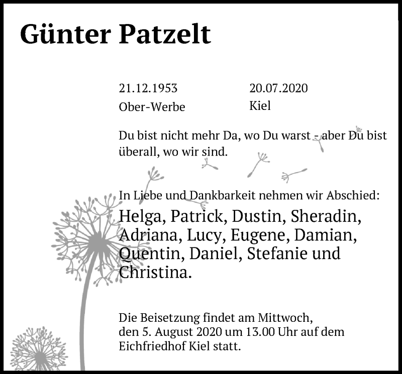  Traueranzeige für Günter Patzelt vom 04.08.2020 aus Kieler Nachrichten