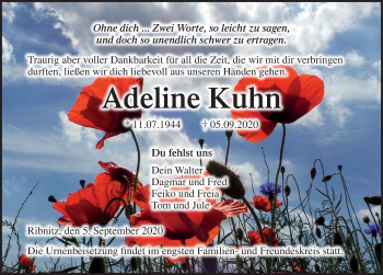 Traueranzeige von Adeline Kuhn von Ostsee-Zeitung GmbH