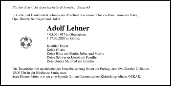 Traueranzeige von Adolf Lehner von Ostsee-Zeitung GmbH