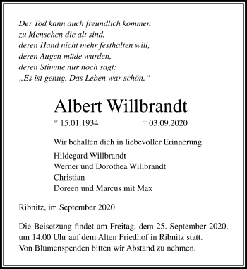 Traueranzeige von Albert Willbrandt von Ostsee-Zeitung GmbH