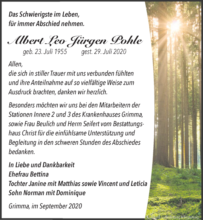  Traueranzeige für Albert Leo Jürgen  Pohle vom 05.09.2020 aus Leipziger Volkszeitung