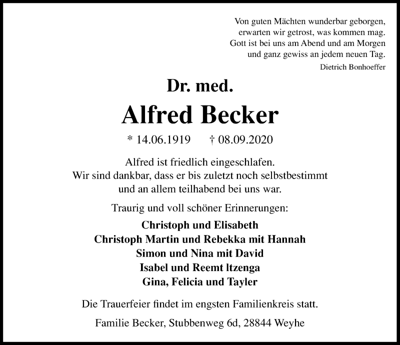  Traueranzeige für Alfred Becker vom 12.09.2020 aus Schaumburger Nachrichten