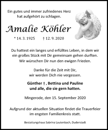 Traueranzeige von Amalie Köhler von Eichsfelder Tageblatt