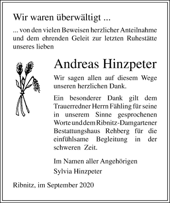 Traueranzeige von Andreas Hinzpeter von Ostsee-Zeitung GmbH