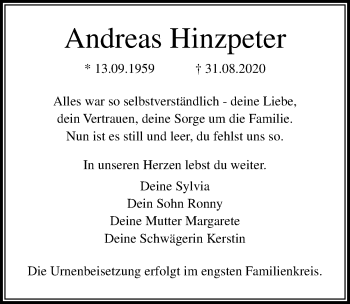 Traueranzeige von Andreas Hinzpeter von Ostsee-Zeitung GmbH