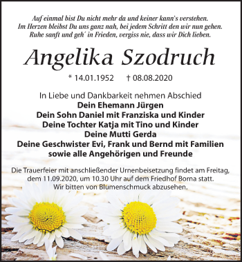 Traueranzeige von Angelika Szodruch von Leipziger Volkszeitung