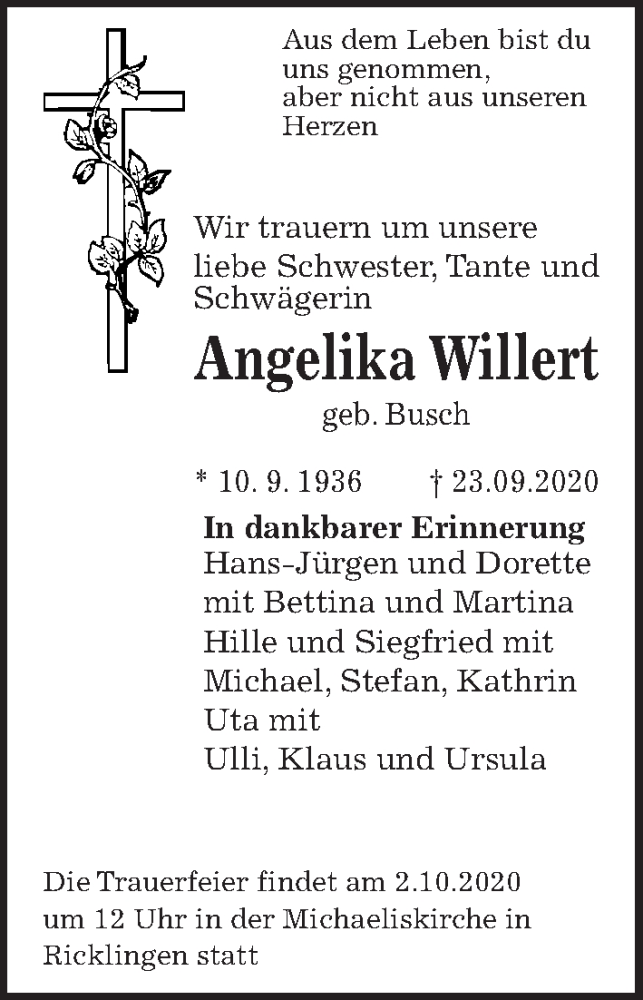  Traueranzeige für Angelika Willert vom 30.09.2020 aus Hannoversche Allgemeine Zeitung/Neue Presse