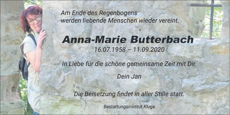  Traueranzeige für Anna-Marie Butterbach vom 19.09.2020 aus Hannoversche Allgemeine Zeitung/Neue Presse