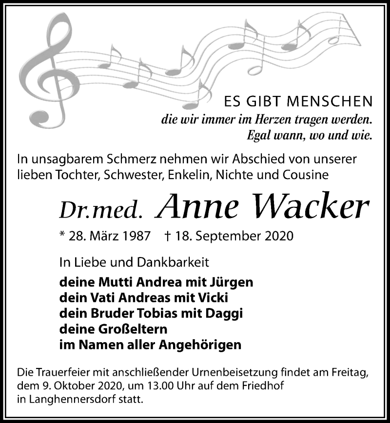  Traueranzeige für Anne Wacker vom 26.09.2020 aus Leipziger Volkszeitung