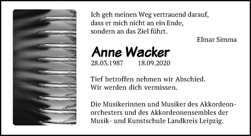  Traueranzeige für Anne Wacker vom 26.09.2020 aus Leipziger Volkszeitung