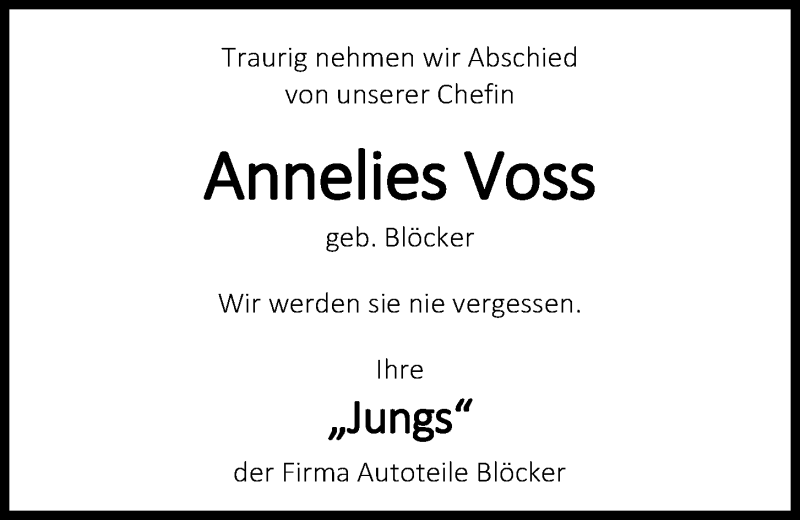  Traueranzeige für Annelies Voss vom 12.09.2020 aus Kieler Nachrichten
