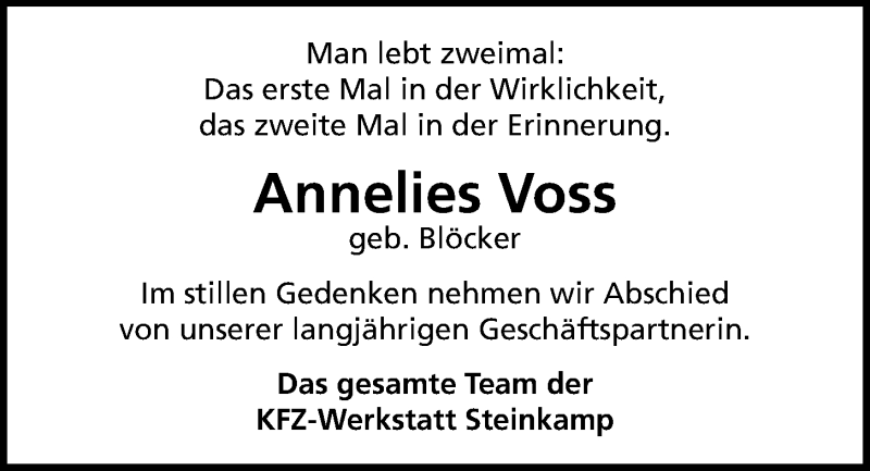  Traueranzeige für Annelies Voss vom 23.09.2020 aus Kieler Nachrichten