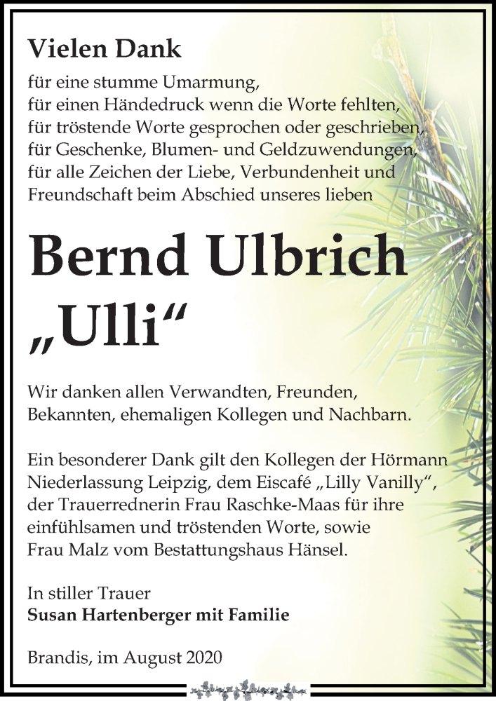 Traueranzeige für Bernd Ulbrich vom 05.09.2020 aus Leipziger Volkszeitung