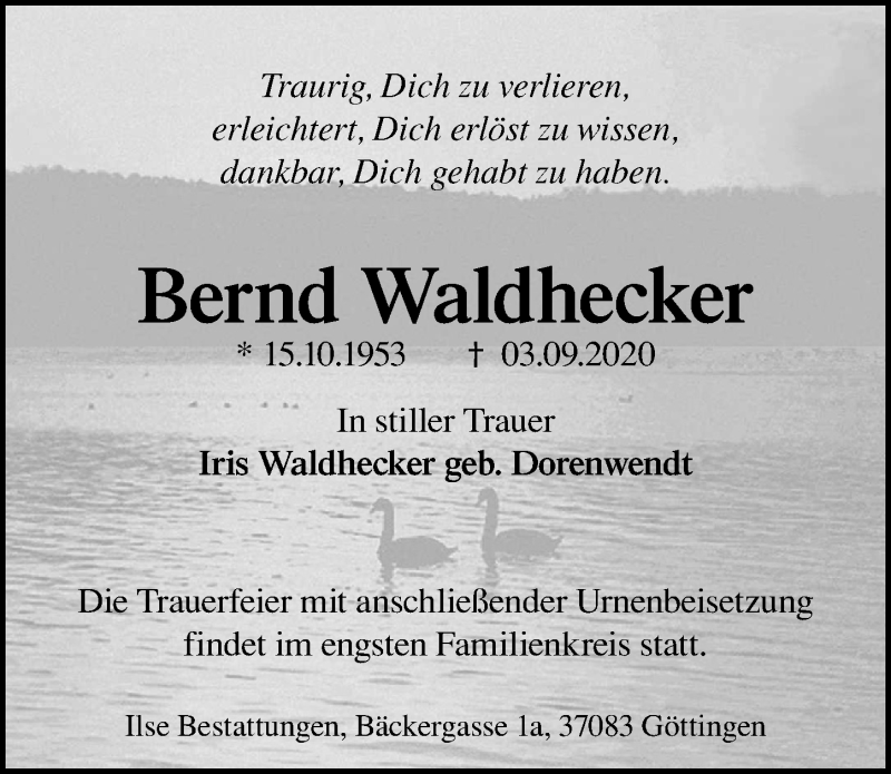  Traueranzeige für Bernd Waldhecker vom 12.09.2020 aus Göttinger Tageblatt
