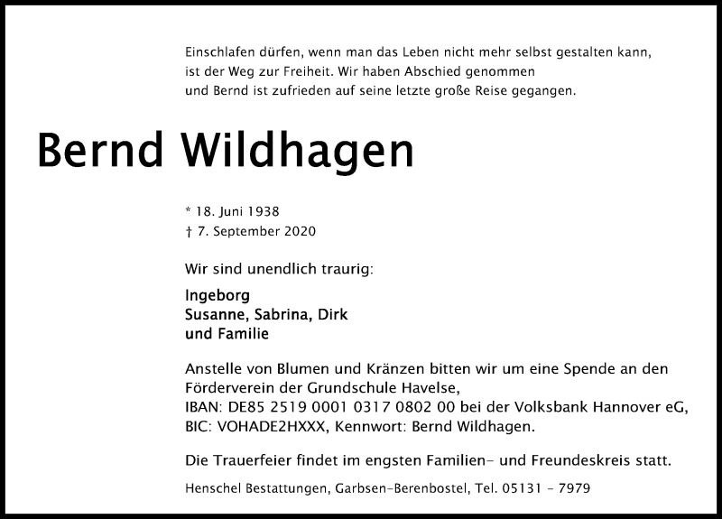  Traueranzeige für Bernd Wildhagen vom 12.09.2020 aus Hannoversche Allgemeine Zeitung/Neue Presse