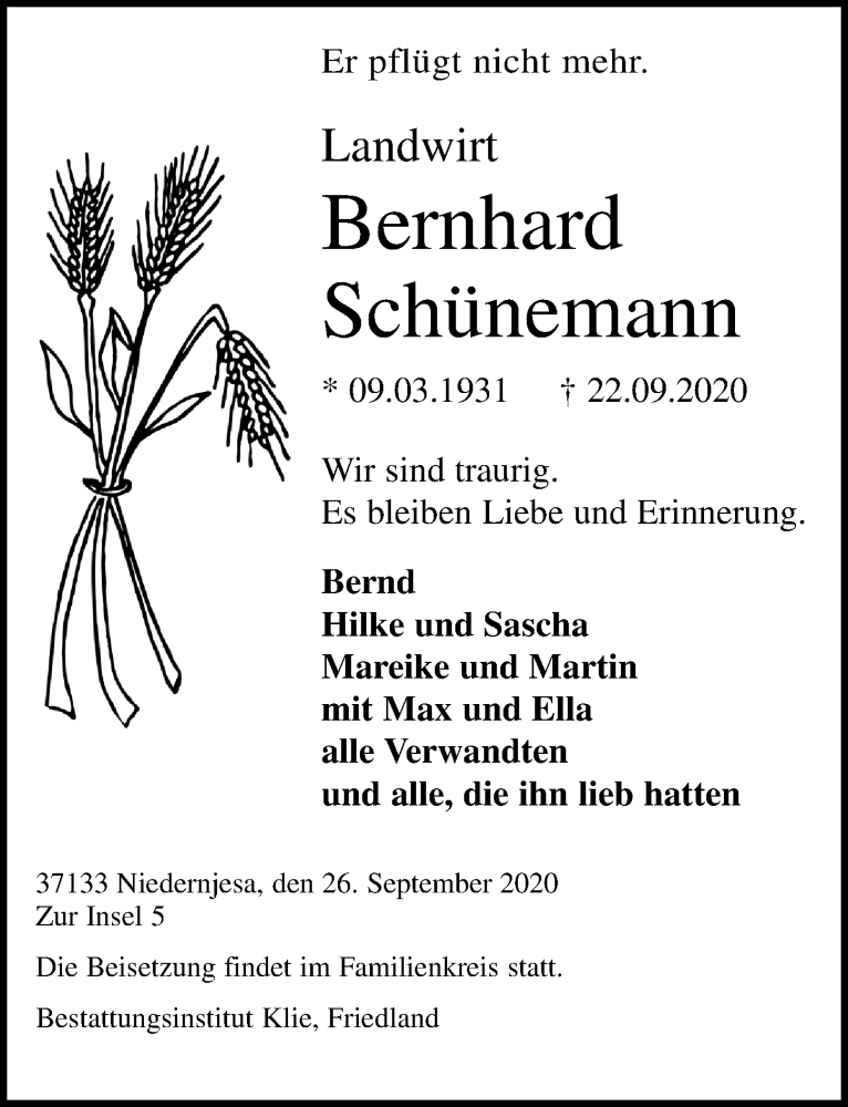  Traueranzeige für Bernhard Schünemann vom 26.09.2020 aus Göttinger Tageblatt