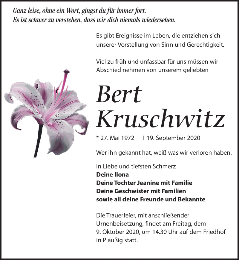  Traueranzeige für Bert Kruschwitz vom 26.09.2020 aus Leipziger Volkszeitung