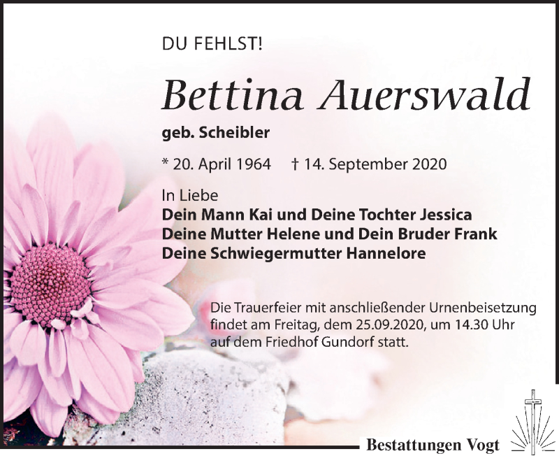  Traueranzeige für Bettina Auerswald vom 19.09.2020 aus Leipziger Volkszeitung