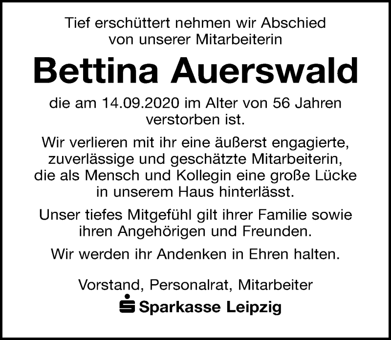  Traueranzeige für Bettina Auerswald vom 19.09.2020 aus Torgauer Zeitung