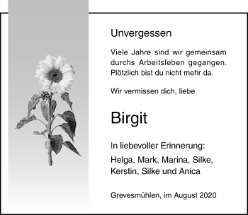 Traueranzeige von Birgit  von Ostsee-Zeitung GmbH
