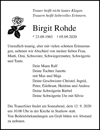 Traueranzeige von Birgit Rohde von Ostsee-Zeitung GmbH