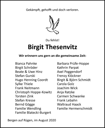 Traueranzeige von Birgit Thesenvitz von Ostsee-Zeitung GmbH