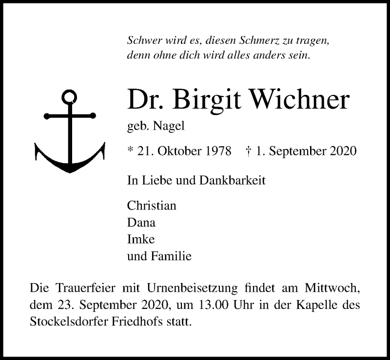  Traueranzeige für Birgit Wichner vom 20.09.2020 aus Lübecker Nachrichten