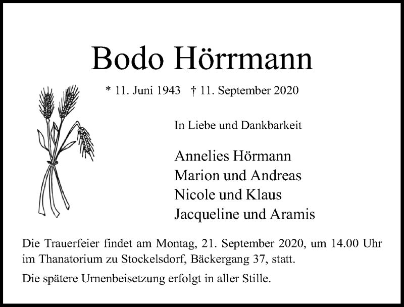  Traueranzeige für Bodo Hörrmann vom 20.09.2020 aus Lübecker Nachrichten