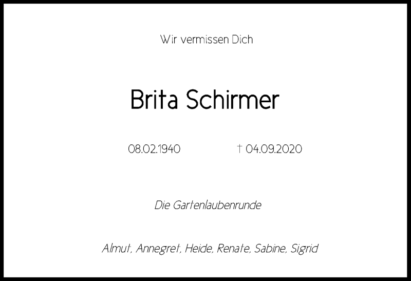  Traueranzeige für Brita Schirmer vom 12.09.2020 aus Göttinger Tageblatt