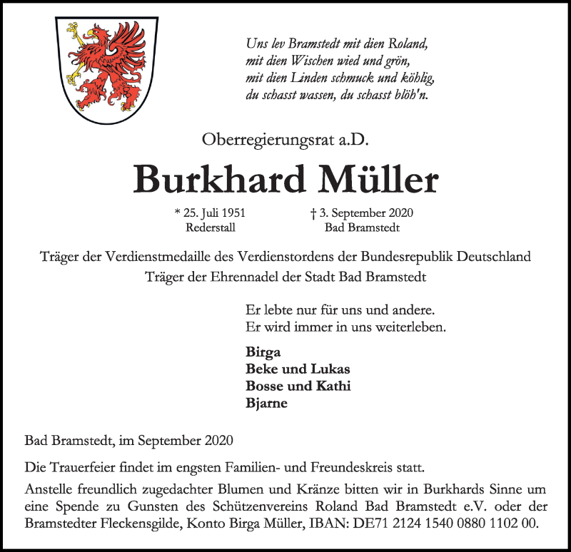  Traueranzeige für Burkhard Müller vom 05.09.2020 aus Kieler Nachrichten