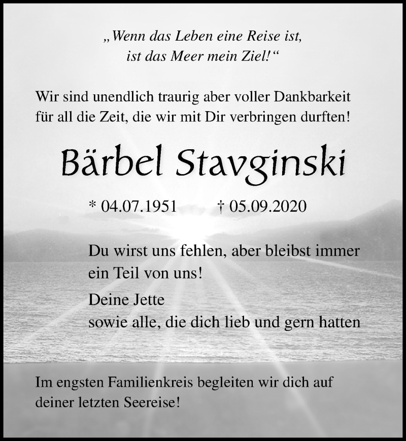  Traueranzeige für Bärbel Stavginski vom 12.09.2020 aus Ostsee-Zeitung GmbH