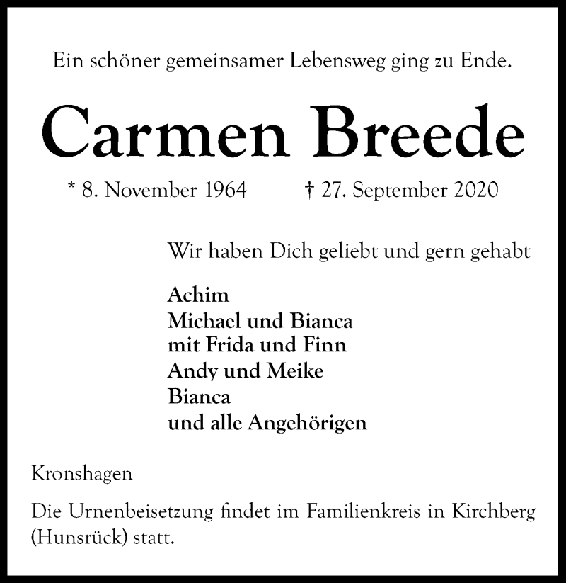  Traueranzeige für Carmen Breede vom 30.09.2020 aus Kieler Nachrichten