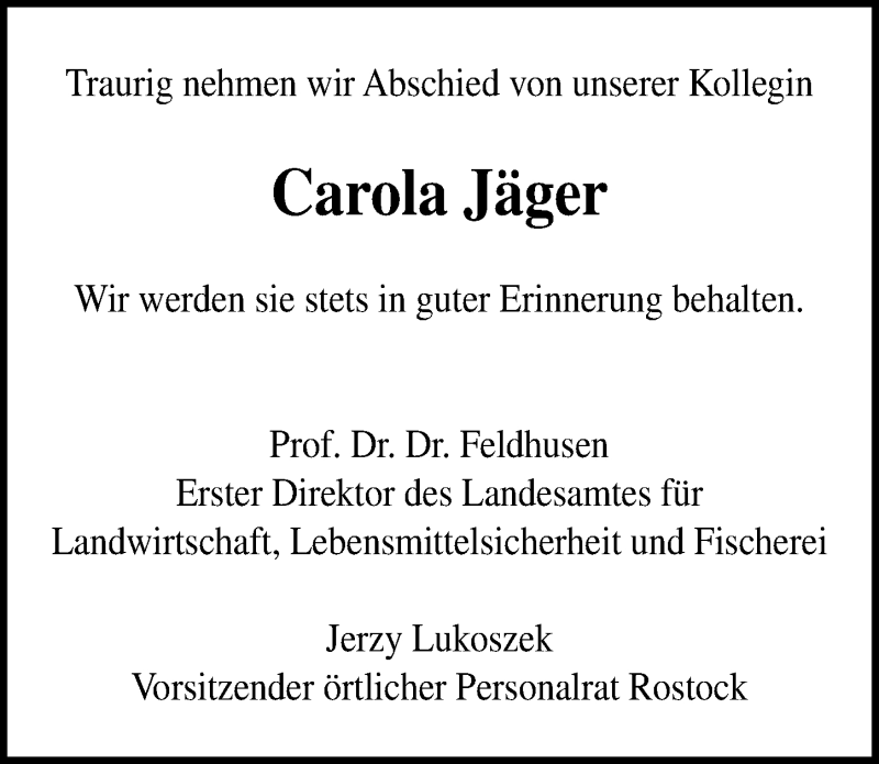  Traueranzeige für Carola Jäger vom 19.09.2020 aus Ostsee-Zeitung GmbH