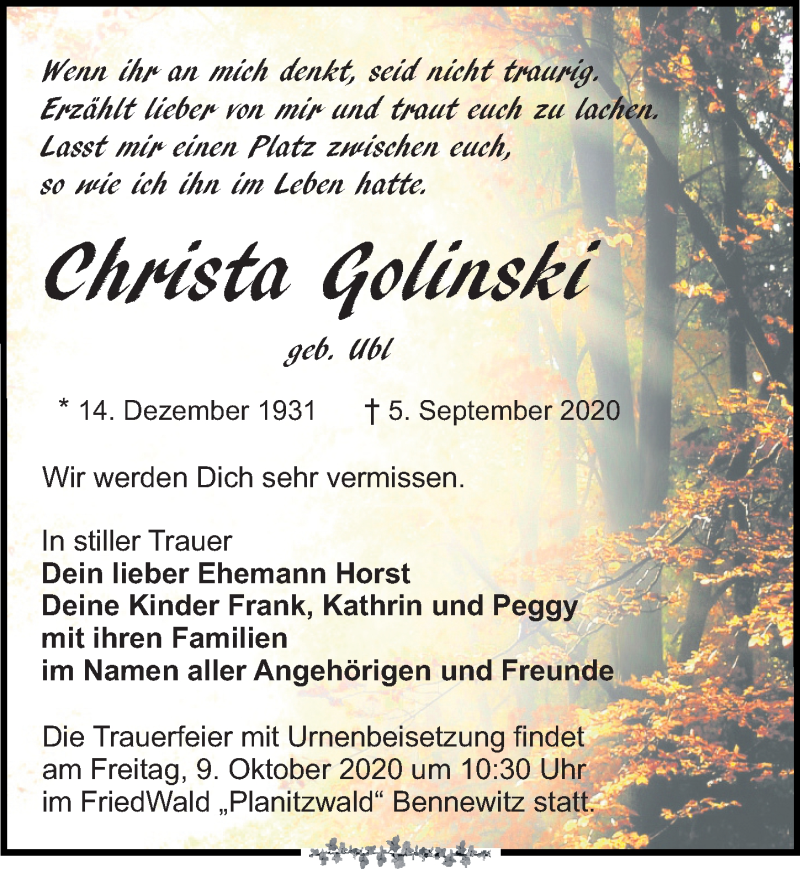  Traueranzeige für Christa Golinski vom 12.09.2020 aus Leipziger Volkszeitung