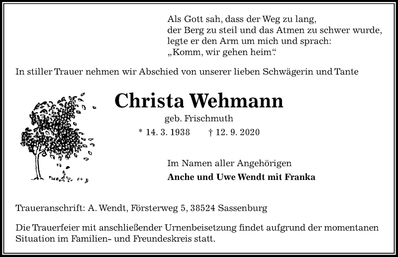  Traueranzeige für Christa Wehmann vom 16.09.2020 aus Aller Zeitung
