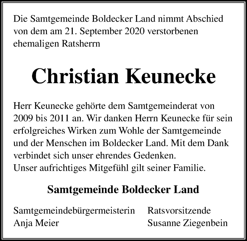  Traueranzeige für Christian Keunecke vom 29.09.2020 aus Aller Zeitung