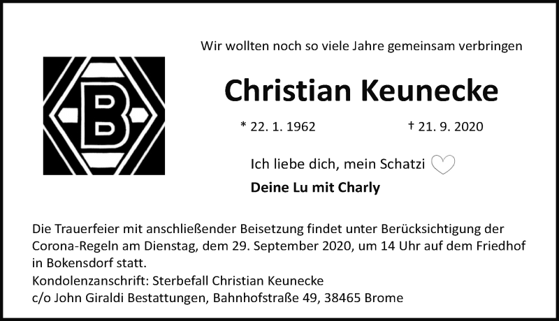  Traueranzeige für Christian Keunecke vom 24.09.2020 aus Aller Zeitung