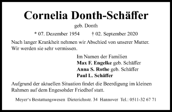 Traueranzeige von Cornelia Donth-Schäffer von Hannoversche Allgemeine Zeitung/Neue Presse