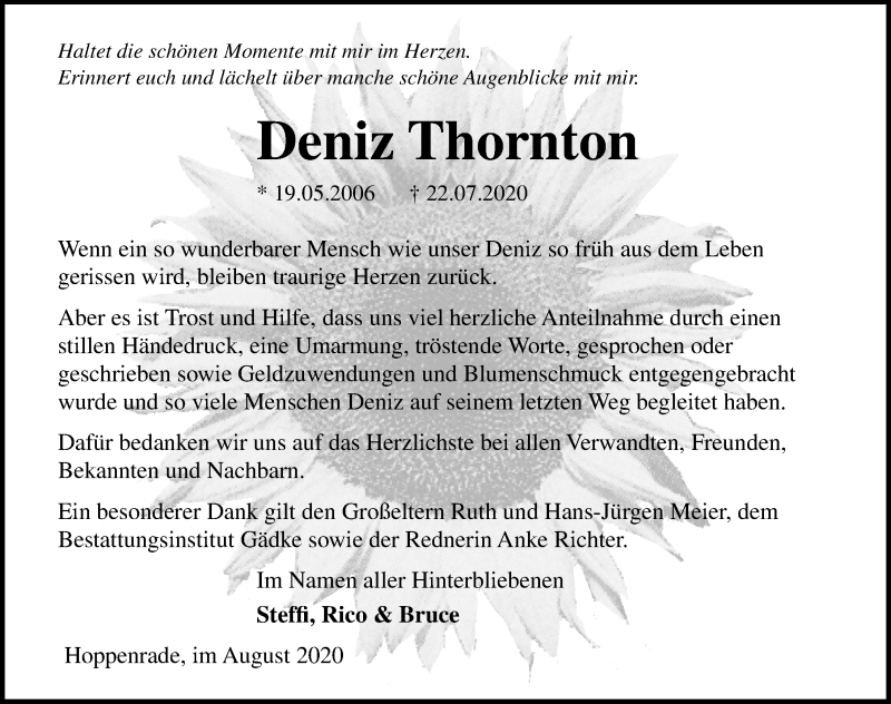 Traueranzeige für Deniz Thornton vom 12.09.2020 aus Märkischen Allgemeine Zeitung
