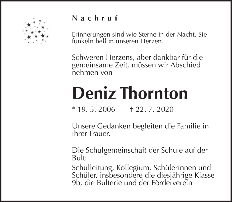  Traueranzeige für Deniz Thornton vom 12.09.2020 aus Hannoversche Allgemeine Zeitung/Neue Presse