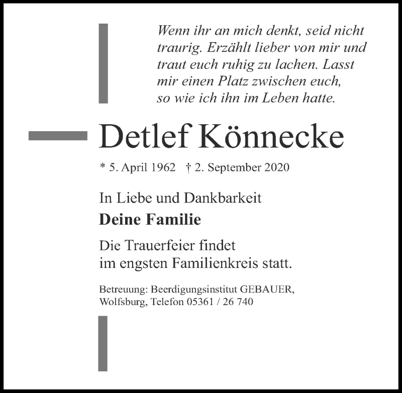  Traueranzeige für Detlef Könnecke vom 09.09.2020 aus Aller Zeitung