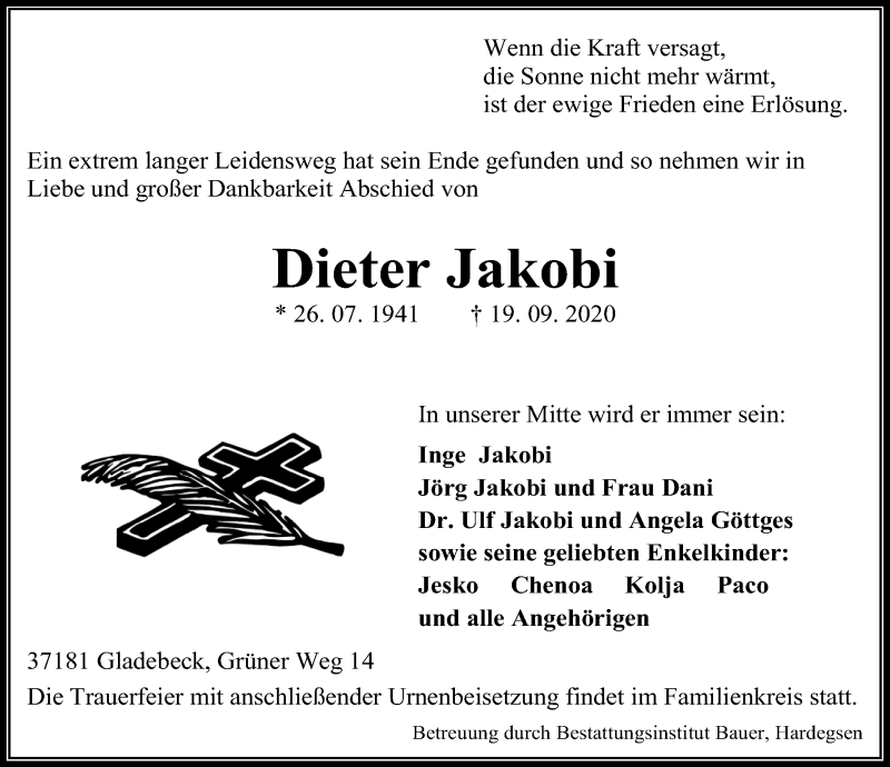  Traueranzeige für Dieter Jakobi vom 26.09.2020 aus Göttinger Tageblatt
