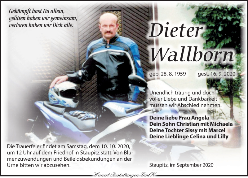  Traueranzeige für Dieter Wallborn vom 26.09.2020 aus Torgauer Zeitung