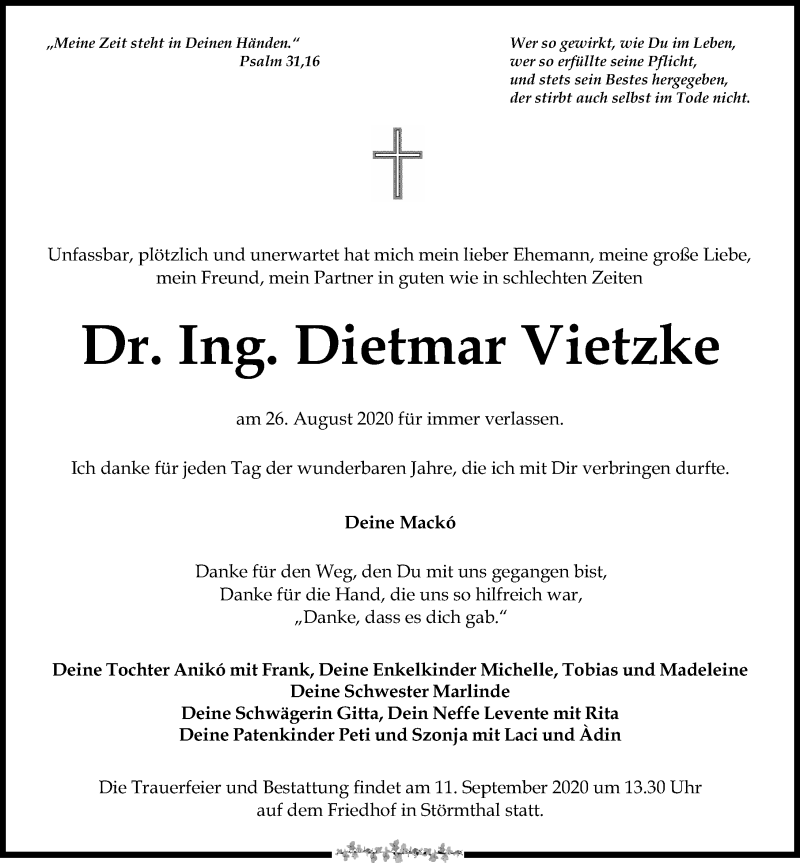  Traueranzeige für Dietmar Vietzke vom 05.09.2020 aus Leipziger Volkszeitung