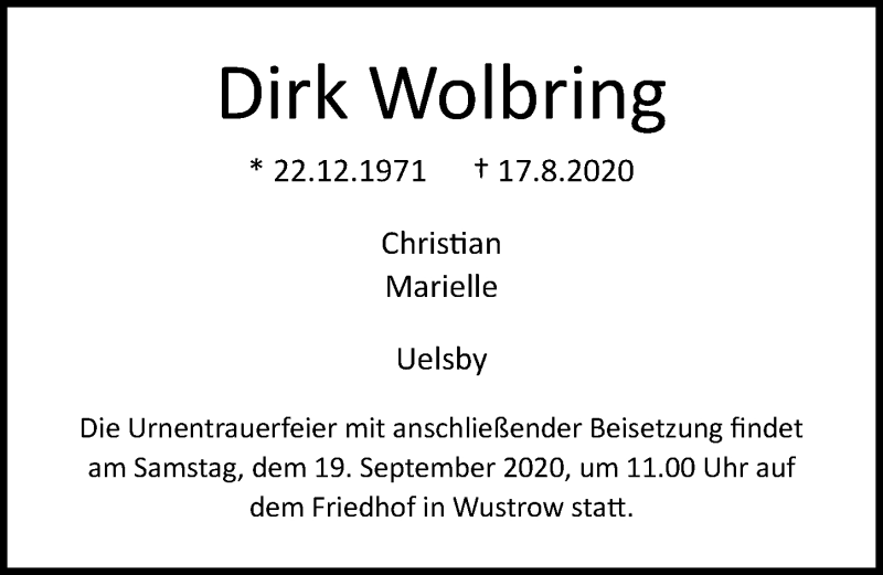  Traueranzeige für Dirk Wolbring vom 18.09.2020 aus Ostsee-Zeitung GmbH