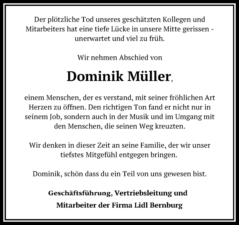  Traueranzeige für Dominik Müller vom 23.09.2020 aus Leipziger Volkszeitung