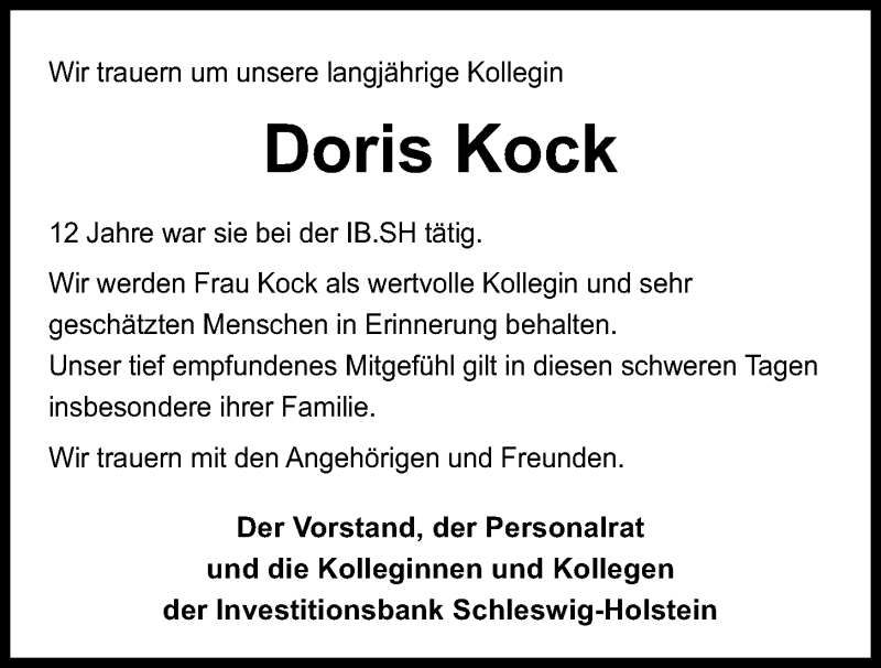  Traueranzeige für Doris Kock vom 26.09.2020 aus Kieler Nachrichten